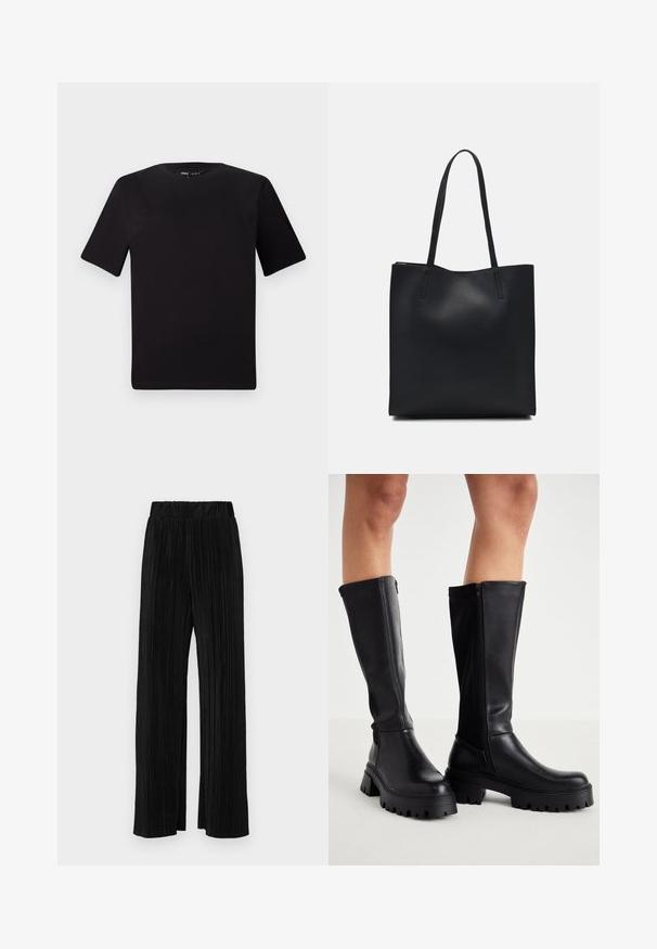 Černé tričko s krátkým rukávem a kulatým výstřihem, vyrobené z měkké bavlněné látky. Jednoduchý design, žádné viditelné logo nebo vzory.; Černé plisované kalhoty s elastickým pasem. Mají široké nohavice a hladkou, strukturovanou tkaninu s vertikálními pruhy.; Černé vysoké boty až ke kolenům vyrobené z hladké ekologické kůže s robustní podrážkou, bočním zipem a kulatou špičkou.; Černá kožená taška přes rameno s hladkým povrchem, obdélníkovým tvarem a dvěma dlouhými uchy. Žádné viditelné kování ani ozdoby.