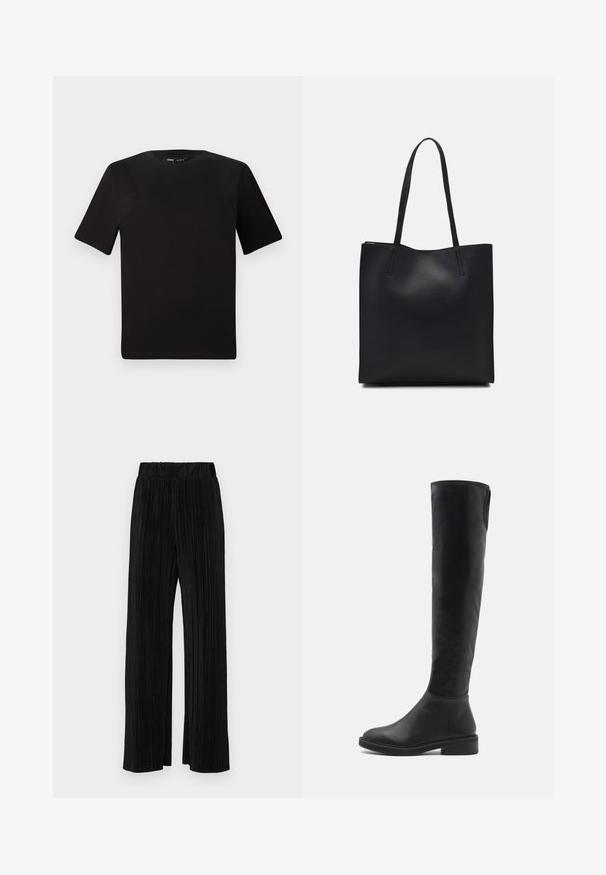 Tricou scurt negru cu mânecă scurtă și guler rotund, realizat dintr-un material de bumbac moale. Design simplu, fără logo-uri sau modele vizibile.; Pantaloni negri plisati cu talie elastică. Prezintă picioare largi și un material neted, texturat, cu dungi verticale.; Botine negre, peste genunchi, din piele sintetică netedă, cu vârful rotund, toc mic și un țesut contrastant pe marginea superioară.; Geantă tote neagră din piele, cu textură netedă, formă rectangulară și două mânere lungi. Fără hardware vizibil sau ornamente.