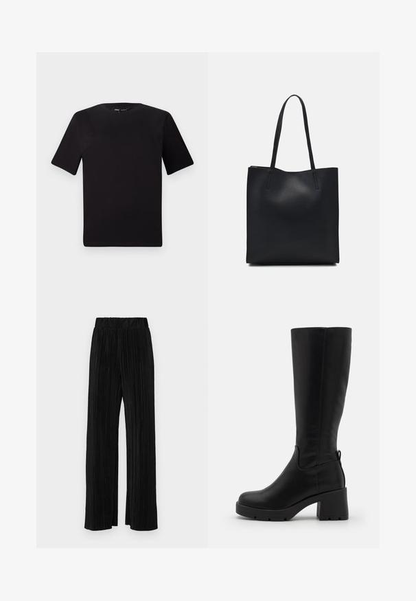 Crna majica kratkih rukava s okruglim izrezom, izrađena od mekane pamučne tkanine. Jednostavan dizajn, bez vidljivih logotipa ili uzoraka.; Crne plisirane hlače s elastičnim pojasom. Imaju široke nogavice i glatku, teksturiranu tkaninu s vertikalnim prugama.; Even&Odd Čizme s platformom - black; Crna kožna torba za nošenje s glatkom teksturom, pravokutnim oblikom i dvije duge ručke. Nema vidljivih metalnih dijelova ili ukrasa.
