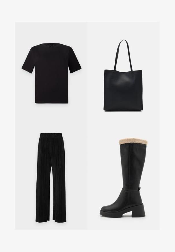 Črna majica s kratkimi rokavi in okroglim izrezom, izdelana iz mehkega bombažnega materiala. Preprost dizajn, brez vidnih logotipov ali vzorcev.; Črne plisirane hlače z elastičnim pasom. Imajo široke noge in gladko, teksturirano tkanino z navpičnimi črtami.; Črne čevlje do kolen iz sintetične usnje, ki imajo mehak tan sintetični krznen rob, debel platformski podplat in minimalističen dizajn.; Črna usnjena torba s svilnato teksturo, pravokotne oblike in dvema dolgima ročajema. Brez vidnih metalnih delov ali okrasnih elementov.