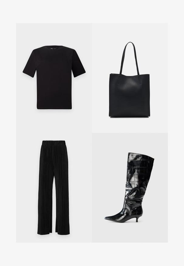 Fekete, rövid ujjú póló, kerek nyakkal, puha pamutból készült. Egyszerű dizájn, nincs látható logó vagy minta.; Fekete pliszírozott nadrág gumis derekkal. Széles lábakkal rendelkezik, sima, texturált anyagból készült, függőleges csíkokkal.; Fekete, térd fölé érő csizmák fényes krokodilbőr hatású anyagból, hegyes orral és alacsony, kiscica sarkúval. Simább textúra lágy redőkkel.; Fekete bőrtáska sima felszínnel, téglalap alakú, két hosszú füllel. Nincs látható fémkiegészítő vagy díszítés.