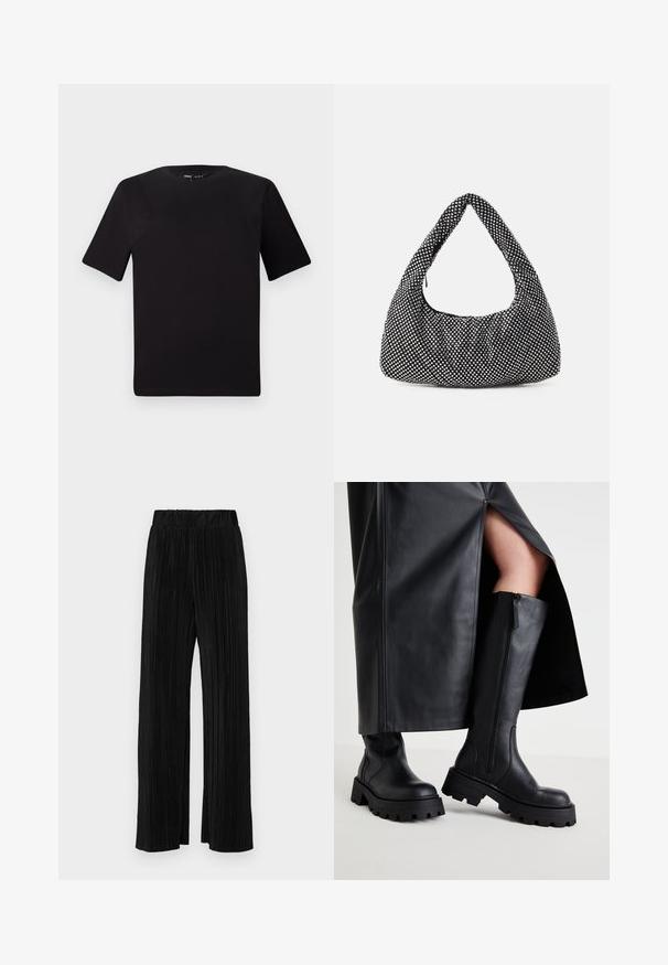 T-shirt noir à manches courtes avec un col rond, fabriqué en coton doux. Design simple, sans logos ni motifs visibles.; Pantalons plissés noirs avec une taille élastique. Présente des jambes larges et un tissu lisse texturé avec des rayures verticales.; Bottes noires hauteau genou avec une semelle épaisse, texture en cuir lisse, fermeture éclair sur le côté et design minimaliste, associées à une jupe noire fendue.; Sac noir avec une forme de hobo courbée, en tissu texturé avec des clous en argent. Poignée supérieure unique, fermeture zippée et silhouette douce.