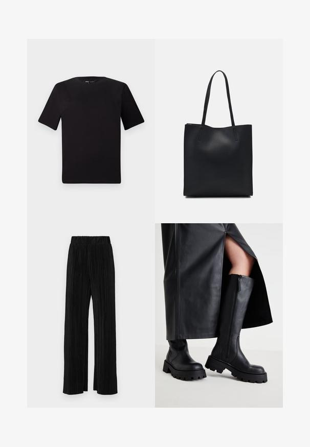 T-shirt noir à manches courtes avec un col rond, fabriqué en coton doux. Design simple, sans logos ni motifs visibles.; Pantalons plissés noirs avec une taille élastique. Présente des jambes larges et un tissu lisse texturé avec des rayures verticales.; Bottes noires hauteau genou avec une semelle épaisse, texture en cuir lisse, fermeture éclair sur le côté et design minimaliste, associées à une jupe noire fendue.; Sac fourre-tout en cuir noir avec une texture lisse, de forme rectangulaire et deux longues poignées. Pas de matériel ou d'ornementations visibles.