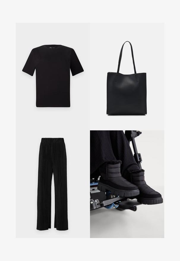 Sort kortærmet t-shirt med rund halsudskæring, lavet af blødt bomuldsstof. Enkel design, ingen synlige logoer eller mønstre.; Sorte plisserede bukser med elastisk talje. Har brede ben og et glat, tekstureret stof med lodrette striber.; Sorte vandtætte ankelstøvler med kviltet tekstur, blød pelskant og en tyk, robust sål, sat mod en baggrund af kørestol.; Sort læder tote taske med glat tekstur, rektangulær form og to lange hanke. Ingen synlig hardware eller udsmykninger.