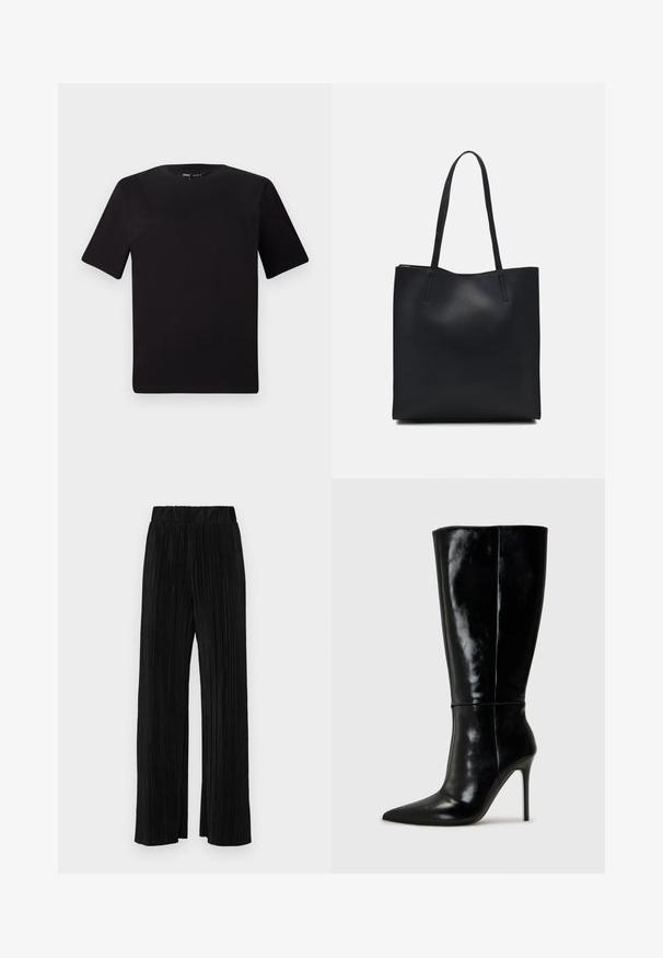 Black short-sleeve t-shirt with a round neckline, crafted from soft cotton fabric. Simple design, no visible logos or patterns.; Black pleated trousers with an elastic waistband. Features wide legs and a smooth, textured fabric with vertical stripes.; Black leather knee-high boots with a pointed toe and high stiletto heel. Smooth texture and sleek design, featuring minimal detailing.; Black leather tote bag with smooth texture, rectangular shape, and two long handles. No visible hardware or embellishments.