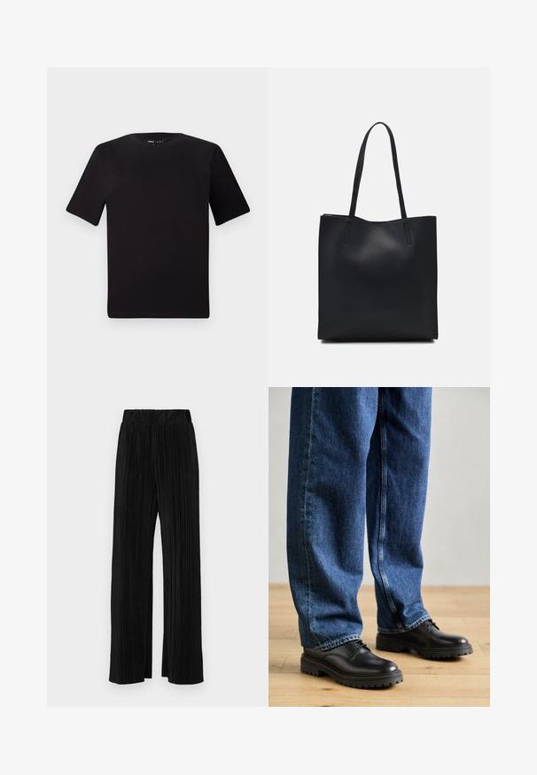 T-shirt nera a maniche corte con scollatura rotonda, realizzata in morbido cotone. Design semplice, senza loghi o motivi visibili.; Pantaloni neri a plissé con vita elasticizzata. Presentano gamba ampia e un tessuto liscio e texture con strisce verticali.; Scarpe in pelle nera con punta tonda, design con lacci e suola in gomma spessa e testurizzata, abbinate a jeans in denim blu dal taglio morbido.; Borsa tote in pelle nera con texture liscia, forma rettangolare e due manici lunghi. Nessun hardware o decorazione visibile.