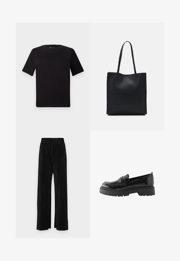 Črna majica s kratkimi rokavi in okroglim izrezom, izdelana iz mehkega bombažnega materiala. Preprost dizajn, brez vidnih logotipov ali vzorcev.; Črne plisirane hlače z elastičnim pasom. Imajo široke noge in gladko, teksturirano tkanino z navpičnimi črtami.; Črne lakirane usnjene loaferice imajo nizko platformasto podplato z grobim profilom in šivano podrobnostjo čez srednji del stopala.; Črna usnjena torba s svilnato teksturo, pravokotne oblike in dvema dolgima ročajema. Brez vidnih metalnih delov ali okrasnih elementov.