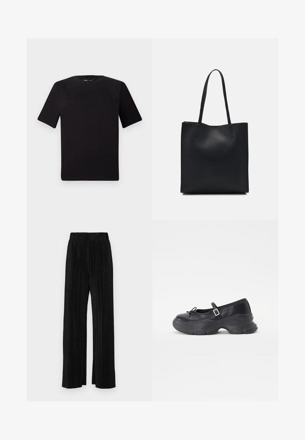 Black short-sleeve t-shirt with a round neckline, crafted from soft cotton fabric. Simple design, no visible logos or patterns.; Black pleated trousers with an elastic waistband. Features wide legs and a smooth, textured fabric with vertical stripes.; Black leather Mary Jane shoe with a rounded toe, bow detail, and an adjustable ankle strap. Features a chunky rubber sole with curved accents.; Black leather tote bag with smooth texture, rectangular shape, and two long handles. No visible hardware or embellishments.