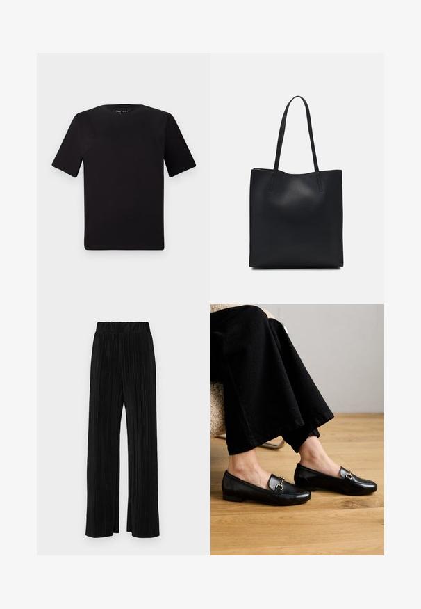 Črna majica s kratkimi rokavi in okroglim izrezom, izdelana iz mehkega bombažnega materiala. Preprost dizajn, brez vidnih logotipov ali vzorcev.; Črne plisirane hlače z elastičnim pasom. Imajo široke noge in gladko, teksturirano tkanino z navpičnimi črtami.; Črni usnjeni loaferji s kvadratnim nosom in majhno peto, ki imajo na zgornji strani dekorativni okras v zlatem tonu.; Črna usnjena torba s svilnato teksturo, pravokotne oblike in dvema dolgima ročajema. Brez vidnih metalnih delov ali okrasnih elementov.