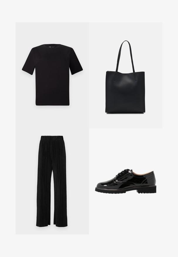 Black short-sleeve t-shirt with a round neckline, crafted from soft cotton fabric. Simple design, no visible logos or patterns.; Black pleated trousers with an elastic waistband. Features wide legs and a smooth, textured fabric with vertical stripes.; Black patent leather lace-up shoes with a rounded toe, brogue detailing, rubber sole, and a textured finish. Accented with small eyelets.; Black leather tote bag with smooth texture, rectangular shape, and two long handles. No visible hardware or embellishments.