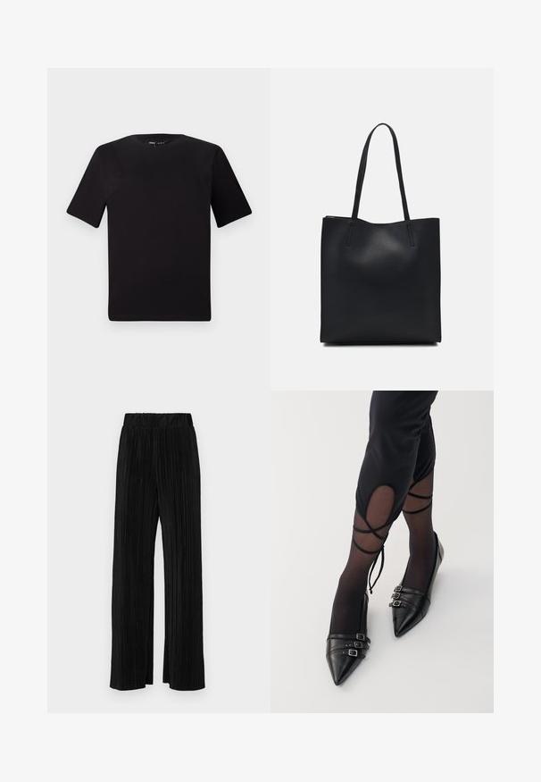 Svart kortärmad t-shirt med rund halsringning, tillverkad i mjukt bomullstyg. Enkelt mönster, utan synliga logotyper eller mönster.; Svarta plisserade byxor med resårmidja. Har vida ben och ett mjukt, texturerat material med vertikala ränder.; Svarta spetsiga ballerina-skor i läder, med tre metallspännen och en slät yta, bärs med genomskinliga svarta strumpor.; Svart lädertoffelväska med slät textur, rektangulär form och två långa handtag. Ingen synlig hårdvara eller dekorationer.