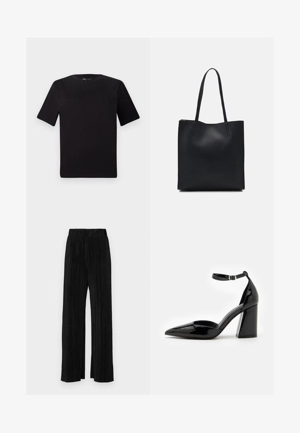 Black short-sleeve t-shirt with a round neckline, crafted from soft cotton fabric. Simple design, no visible logos or patterns.; Black pleated trousers with an elastic waistband. Features wide legs and a smooth, textured fabric with vertical stripes.; Black patent leather high heel shoe with a pointed toe, ankle strap, and wide block heel for stability, featuring a smooth glossy texture.; Black leather tote bag with smooth texture, rectangular shape, and two long handles. No visible hardware or embellishments.
