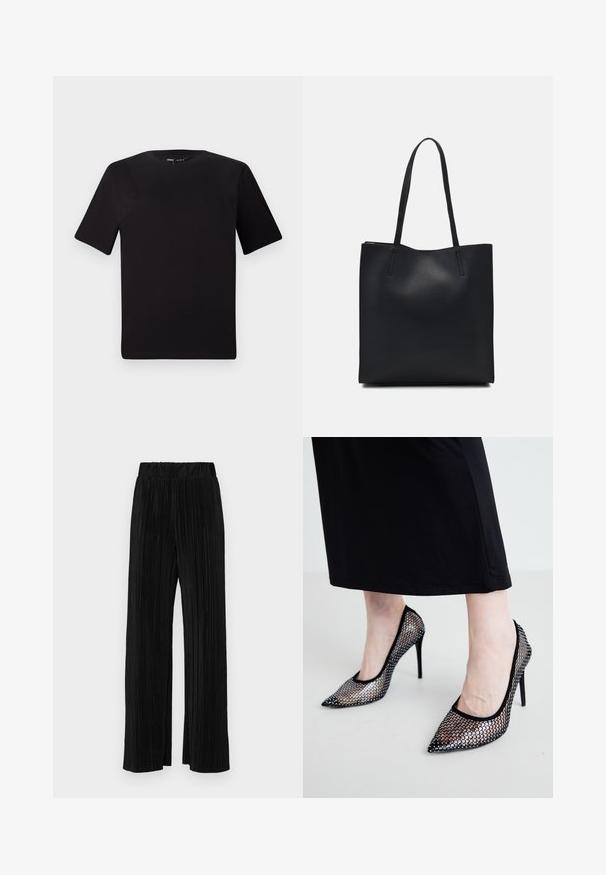 T-shirt preta de mangas curtas com decote redondo, feita de tecido de algodão suave. Design simples, sem logótipos ou padrões visíveis.; Calças pregueadas pretas com uma cintura elástica. Apresentam pernas largas e um tecido liso, texturizado com riscas verticais.; Saltos altos em rede pretos com biqueira pontiaguda e salto agulha fino. O design estampado apresenta recortes circulares, oferecendo uma aparência semi-transparente.; Bolsa tote preta em couro com textura lisa, forma retangular e duas alças longas. Sem hardware ou enfeites visíveis.