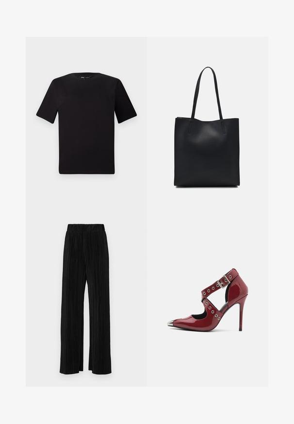 Crna majica kratkih rukava s okruglim izrezom, izrađena od mekane pamučne tkanine. Jednostavan dizajn, bez vidljivih logotipa ili uzoraka.; Crne plisirane hlače s elastičnim pojasom. Imaju široke nogavice i glatku, teksturiranu tkaninu s vertikalnim prugama.; Crvena lakirana kožna cipela na visokom potplatu s izrezbarenim dizajnom, srebrnim okruglim rupicama i šiljastim vrhom, s metalnim naglaskom na vrhu.; Crna kožna torba za nošenje s glatkom teksturom, pravokutnim oblikom i dvije duge ručke. Nema vidljivih metalnih dijelova ili ukrasa.