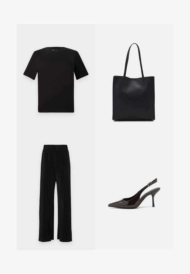 Black short-sleeve t-shirt with a round neckline, crafted from soft cotton fabric. Simple design, no visible logos or patterns.; Black pleated trousers with an elastic waistband. Features wide legs and a smooth, textured fabric with vertical stripes.; Slingback high-heeled shoe in glossy dark brown patent leather, pointed toe, open sides, and adjustable ankle strap.; Black leather tote bag with smooth texture, rectangular shape, and two long handles. No visible hardware or embellishments.