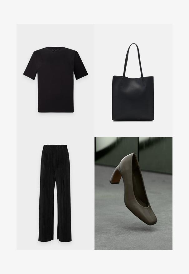 Must olema lühikeste varrukatega must t-särk ümmarguse kaelusega, valmistatud pehmest puuvillast kangast. Lihtne disain, ilma nähtavate logode või mustriteta.; Mustad pleekitud püksid elastse vöökohtaga. Omavad laiad jalad ja sujuvat, tekstureeritud kangast vertikaalsete triipudega.; Tume oliivroheline nahast kõrge kontsaga king, millel on ruudukujuline varvas ja plokknokk, hõljuv halli betoonpinna kohal uduselt rohelise tausta ees.; Mustast nahast kott sujuva tekstuuriga, ristkülikukujuline ja kahe pika sangaga. Pole nähtavat riistvara ega kaunistusi.