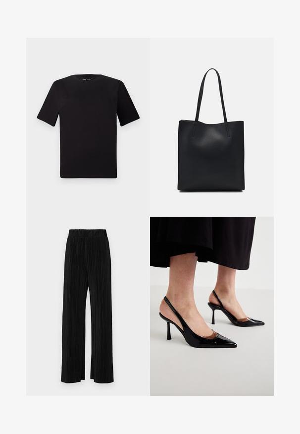 Sort kortærmet t-shirt med rund halsudskæring, lavet af blødt bomuldsstof. Enkel design, ingen synlige logoer eller mønstre.; Sorte plisserede bukser med elastisk talje. Har brede ben og et glat, tekstureret stof med lodrette striber.; Sorte patentlæder slingback hæle med spidse tåer og klare udskæringer foran, placeret på en ensartet lys overflade.; Sort læder tote taske med glat tekstur, rektangulær form og to lange hanke. Ingen synlig hardware eller udsmykninger.