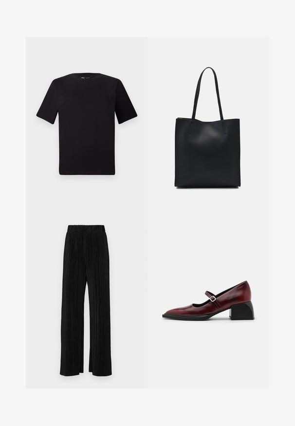T-shirt nera a maniche corte con scollatura rotonda, realizzata in morbido cotone. Design semplice, senza loghi o motivi visibili.; Pantaloni neri a plissé con vita elasticizzata. Presentano gamba ampia e un tessuto liscio e texture con strisce verticali.; Scarpa Mary Jane in pelle bordeaux con punta affusolata, cinturino laterale con fibbia e tacco spesso nero. Finitura liscia con una leggera lucentezza.; Borsa tote in pelle nera con texture liscia, forma rettangolare e due manici lunghi. Nessun hardware o decorazione visibile.