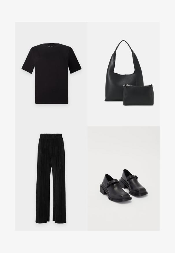 T-shirt preta de mangas curtas com decote redondo, feita de tecido de algodão suave. Design simples, sem logótipos ou padrões visíveis.; Calças pregueadas pretas com uma cintura elástica. Apresentam pernas largas e um tecido liso, texturizado com riscas verticais.; Sapatos de couro pretos com um bico redondo, sola plana e uma fita com detalhe de fivela. Salto bloco robusto para maior estabilidade.; Even&Odd Mala de mão - black
