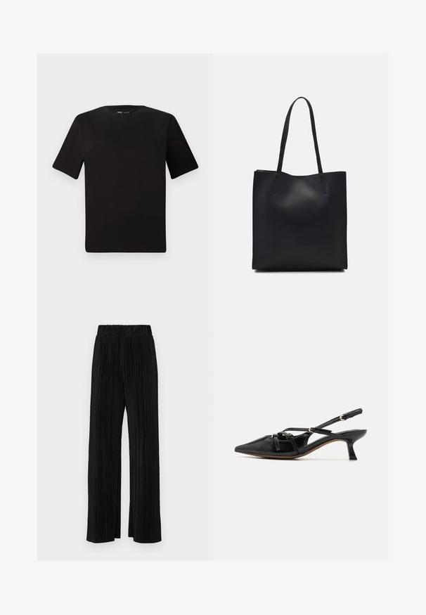 Black short-sleeve t-shirt with a round neckline, crafted from soft cotton fabric. Simple design, no visible logos or patterns.; Black pleated trousers with an elastic waistband. Features wide legs and a smooth, textured fabric with vertical stripes.; Call it Spring REGINNA B.E.D FOAM - Classic heels - black; Black leather tote bag with smooth texture, rectangular shape, and two long handles. No visible hardware or embellishments.