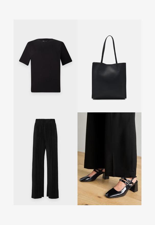 Black short-sleeve t-shirt with a round neckline, crafted from soft cotton fabric. Simple design, no visible logos or patterns.; Black pleated trousers with an elastic waistband. Features wide legs and a smooth, textured fabric with vertical stripes.; Black patent leather slingback shoes with square toes, featuring double adjustable ankle straps and block heels. Smooth, shiny finish.; Black leather tote bag with smooth texture, rectangular shape, and two long handles. No visible hardware or embellishments.
