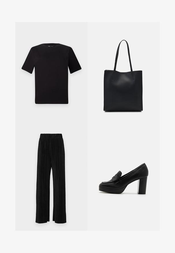Svart t-skjorte med korte ermer og rund hals, laget av mykt bomullsstoff. Enkelt design, ingen synlige logoer eller mønstre.; Sorte plisserte bukser med elastisk midje. Har vide ben og et glatt, strukturert stoff med vertikale striper.; Svarte lær høye platå loafers med rund tå og dekorativ stropp. Hælen har en teksturert sølvdetalj.; Svart lær tote bag med glatt tekstur, rektangulær form og to lange håndtak. Ingen synlige deler eller dekorasjoner.