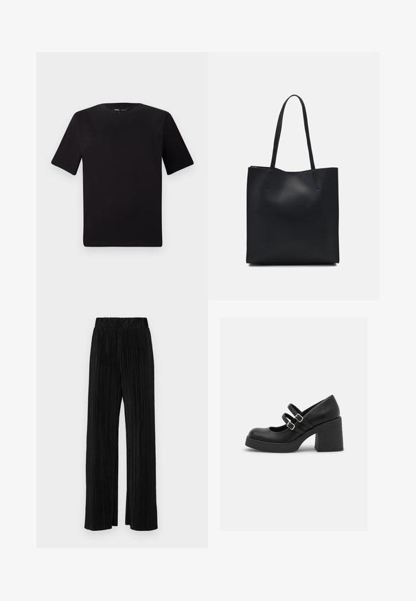 Black short-sleeve t-shirt with a round neckline, crafted from soft cotton fabric. Simple design, no visible logos or patterns.; Black pleated trousers with an elastic waistband. Features wide legs and a smooth, textured fabric with vertical stripes.; Call it Spring MONROE - Platform heels - black smooth; Black leather tote bag with smooth texture, rectangular shape, and two long handles. No visible hardware or embellishments.