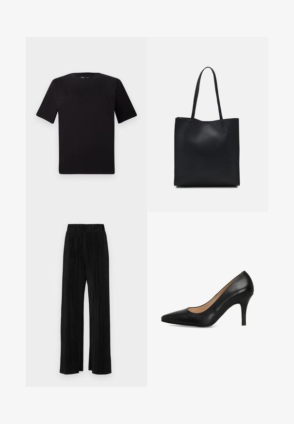 Must olema lühikeste varrukatega must t-särk ümmarguse kaelusega, valmistatud pehmest puuvillast kangast. Lihtne disain, ilma nähtavate logode või mustriteta.; Mustad pleekitud püksid elastse vöökohtaga. Omavad laiad jalad ja sujuvat, tekstureeritud kangast vertikaalsete triipudega.; Must musta kõrge kontsaga kingad, millel on terav varvas, sile tekstuur ja voolujooneline siluett. Kontsa kõrgus on umbes 3 tolli.; Mustast nahast kott sujuva tekstuuriga, ristkülikukujuline ja kahe pika sangaga. Pole nähtavat riistvara ega kaunistusi.