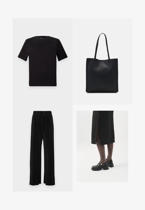 T-shirt preta de mangas curtas com decote redondo, feita de tecido de algodão suave. Design simples, sem logótipos ou padrões visíveis.; Calças pregueadas pretas com uma cintura elástica. Apresentam pernas largas e um tecido liso, texturizado com riscas verticais.; Sapatos de couro pretos com bico arredondado, salto bloco grosso e detalhes elásticos laterais, combinados com meias escuras e uma saia preta com uma abertura.; Bolsa tote preta em couro com textura lisa, forma retangular e duas alças longas. Sem hardware ou enfeites visíveis.