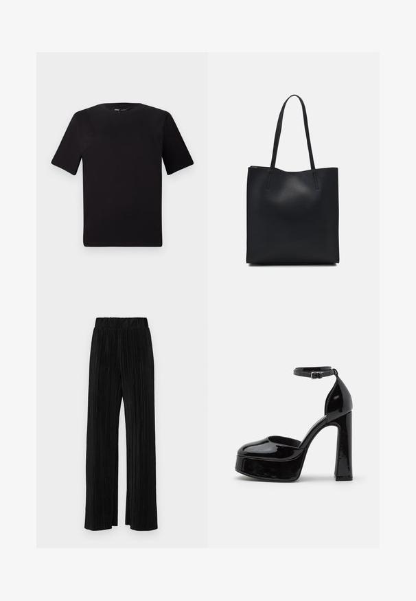 T-shirt preta de mangas curtas com decote redondo, feita de tecido de algodão suave. Design simples, sem logótipos ou padrões visíveis.; Calças pregueadas pretas com uma cintura elástica. Apresentam pernas largas e um tecido liso, texturizado com riscas verticais.; Saltos altos de plataforma em couro patentes pretos, com uma tira no tornozelo, bico arredondado e um salto em bloco, apresentando uma textura suave e brilhante.; Bolsa tote preta em couro com textura lisa, forma retangular e duas alças longas. Sem hardware ou enfeites visíveis.