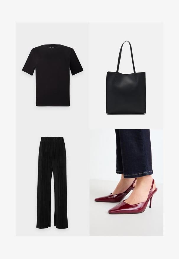 T-shirt preta de mangas curtas com decote redondo, feita de tecido de algodão suave. Design simples, sem logótipos ou padrões visíveis.; Calças pregueadas pretas com uma cintura elástica. Apresentam pernas largas e um tecido liso, texturizado com riscas verticais.; Sabrinas de verniz burgundy com salto agulha fino e bico fino, apresentando uma parte de trás aberta e um design minimalista.; Bolsa tote preta em couro com textura lisa, forma retangular e duas alças longas. Sem hardware ou enfeites visíveis.