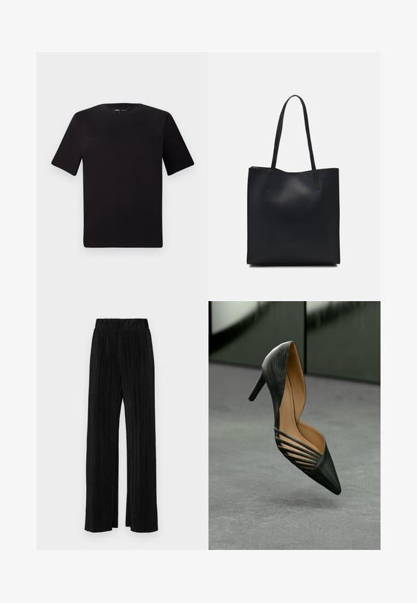 Melnas īsām piedurknēm T-krekls ar apaļu kakla izgriezumu, izgatavots no mīksta kokvilnas auduma. Vienkāršs dizains, bez redzamām logo vai rakstiem.; Melni plīšu bikses ar elastīgu jostu. Tām ir platākas kājas un gluda, teksturēta auduma ar vertikālām svītrām.; Melna augsta papēža kurpe ar smailu purngalu, teksturētu virsmu un izteiksmīgām sānu izgriezumiem, izstādīta uz neitrāla fona.; Melnas ādas somiņa ar gludu tekstūru, taisnstūra formu un divām garām rokturiem. Nav redzamu aparatūras vai rotājumu.