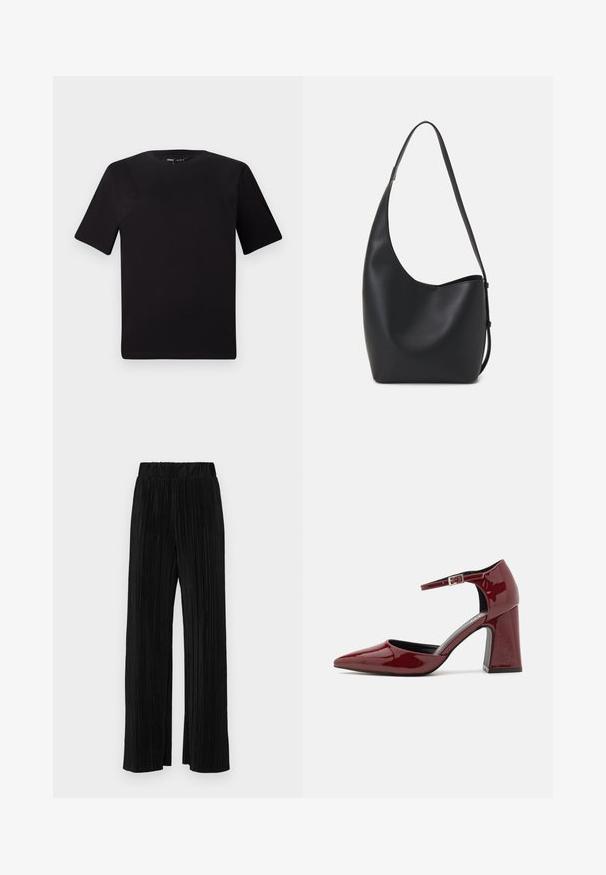 Juodas trumpas rankovės marškinėlis su apvaliu iškirpimu, pagamintas iš minkštos medvilnės medžiagos. Paprastas dizainas, be matomų logotipų ar raštų.; Juodi plisuoti kelnės su elastine juosta. Turėkite plačias kojas ir glotnų, tekstūrinį audinį su vertikaliais dryžiais.; Burgundiškai raudonos patentinės odos aukštakulniai bateliai su smailiu nosiu ir kulkšnies dirželiu, turintys kvadratinę kulną ir lygią tekstūrą.; Juodas odinis hobo maišas su lygiu paviršiumi, kreipta forma ir viena reguliuojama rankena; turi platų atidarymą viršuje.