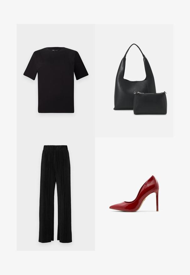 T-shirt noir à manches courtes avec un col rond, fabriqué en coton doux. Design simple, sans logos ni motifs visibles.; Pantalons plissés noirs avec une taille élastique. Présente des jambes larges et un tissu lisse texturé avec des rayures verticales.; Escarpin en cuir verni rouge à talon aiguille, avec un bout pointu, une surface lisse et un talon élancé, doté d'une semelle beige.; Even&Odd Sac à main - black