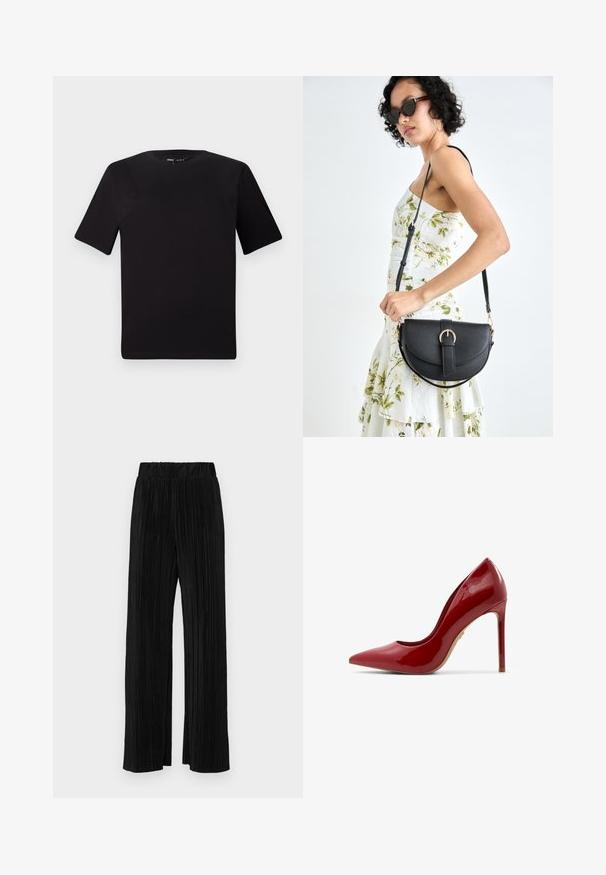 T-shirt nera a maniche corte con scollatura rotonda, realizzata in morbido cotone. Design semplice, senza loghi o motivi visibili.; Pantaloni neri a plissé con vita elasticizzata. Presentano gamba ampia e un tessuto liscio e texture con strisce verticali.; Scarpa con tacco alto in vernice rossa, punta affusolata, superficie liscia e tacco stiletto sottile con suola beige.; Borsa a tracolla nera in pelle con una forma curva, manico rimovibile e accessori dorati. La borsa presenta una patta con un dettaglio a fibbia.