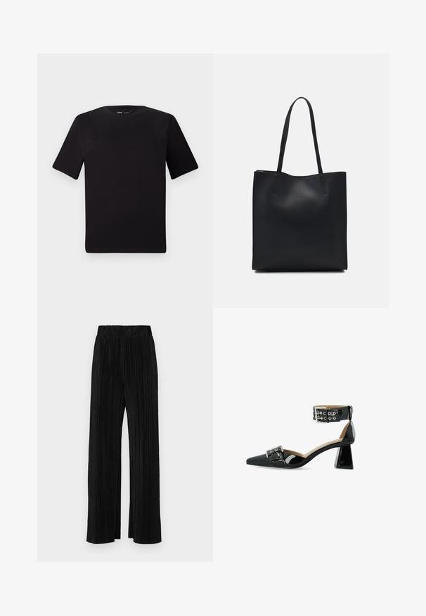Black short-sleeve t-shirt with a round neckline, crafted from soft cotton fabric. Simple design, no visible logos or patterns.; Black pleated trousers with an elastic waistband. Features wide legs and a smooth, textured fabric with vertical stripes.; Black patent leather high-heeled shoe with a pointed toe, ankle strap, and metallic buckle detail; features a chunky, transparent heel.; Black leather tote bag with smooth texture, rectangular shape, and two long handles. No visible hardware or embellishments.