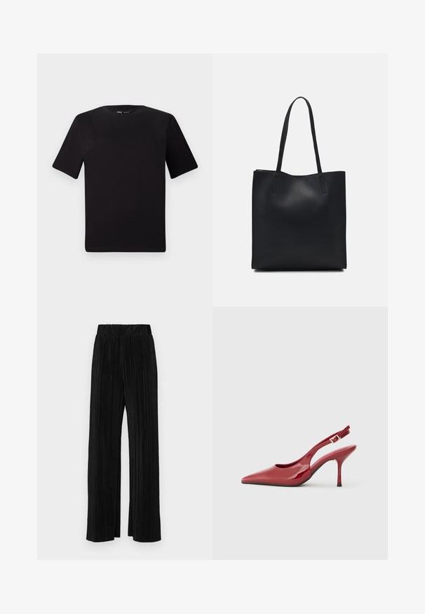 Black short-sleeve t-shirt with a round neckline, crafted from soft cotton fabric. Simple design, no visible logos or patterns.; Black pleated trousers with an elastic waistband. Features wide legs and a smooth, textured fabric with vertical stripes.; Red patent leather slingback heel with a pointed toe, slim stiletto heel, and a small cut-out detail on the side. Smooth texture.; Black leather tote bag with smooth texture, rectangular shape, and two long handles. No visible hardware or embellishments.