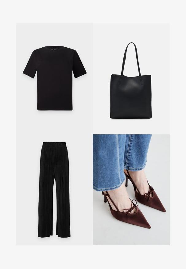 Black short-sleeve t-shirt with a round neckline, crafted from soft cotton fabric. Simple design, no visible logos or patterns.; Black pleated trousers with an elastic waistband. Features wide legs and a smooth, textured fabric with vertical stripes.; Simmi London KLARA - High heels - chocolate; Black leather tote bag with smooth texture, rectangular shape, and two long handles. No visible hardware or embellishments.