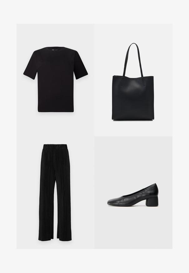 T-shirt preta de mangas curtas com decote redondo, feita de tecido de algodão suave. Design simples, sem logótipos ou padrões visíveis.; Calças pregueadas pretas com uma cintura elástica. Apresentam pernas largas e um tecido liso, texturizado com riscas verticais.; Sapato de salto preto em couro com bico arredondado e salto médio bloco. Textura suave com detalhes mínimos, apresentando uma abertura elástica discreta.; Bolsa tote preta em couro com textura lisa, forma retangular e duas alças longas. Sem hardware ou enfeites visíveis.