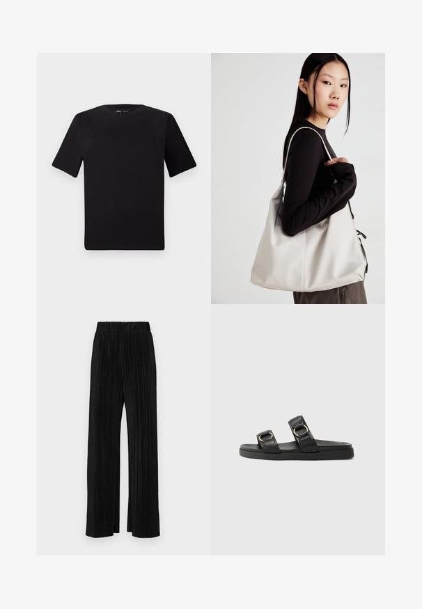 Tricou scurt negru cu mânecă scurtă și guler rotund, realizat dintr-un material de bumbac moale. Design simplu, fără logo-uri sau modele vizibile.; Pantaloni negri plisati cu talie elastică. Prezintă picioare largi și un material neted, texturat, cu dungi verticale.; Sandale negre cu toc plat, prezintă două curele ajustabile cu elemente metalice aurii, un material superior texturat și o talpă din cauciuc.; Geantă bej din material moale, cu un design lejer, detalii cusute și două bretele pentru umăr. Potrivită pentru utilizarea zilnică.