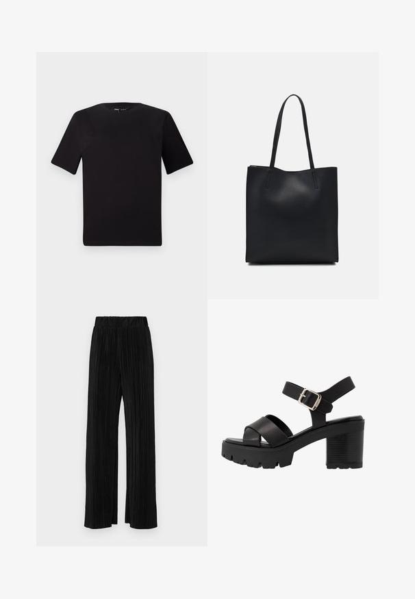Černé tričko s krátkým rukávem a kulatým výstřihem, vyrobené z měkké bavlněné látky. Jednoduchý design, žádné viditelné logo nebo vzory.; Černé plisované kalhoty s elastickým pasem. Mají široké nohavice a hladkou, strukturovanou tkaninu s vertikálními pruhy.; mtng SABA - Sandály na vysokém podpatku - black; Černá kožená taška přes rameno s hladkým povrchem, obdélníkovým tvarem a dvěma dlouhými uchy. Žádné viditelné kování ani ozdoby.