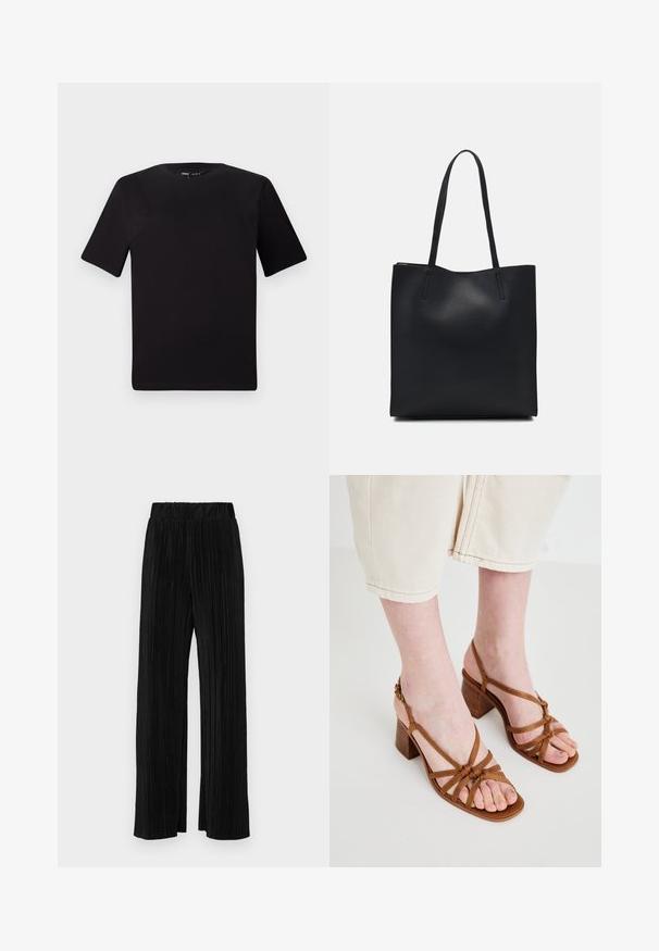 Juodas trumpas rankovės marškinėlis su apvaliu iškirpimu, pagamintas iš minkštos medvilnės medžiagos. Paprastas dizainas, be matomų logotipų ar raštų.; Juodi plisuoti kelnės su elastine juosta. Turėkite plačias kojas ir glotnų, tekstūrinį audinį su vertikaliais dryžiais.; Rudos dirželių aukštakulniai sandalai su masyviu kulnu, su mazgais sujungtomis dirželis ir atvira kojų dizainu. Tekstūruota padas ir reguliuojamas kulkšnies dirželis.; Juodas odinis tote krepšys su lygia tekstūra, stačiakampio formos ir dviem ilgais rankenomis. Matomų metalinių detalių ar puošybos nėra.