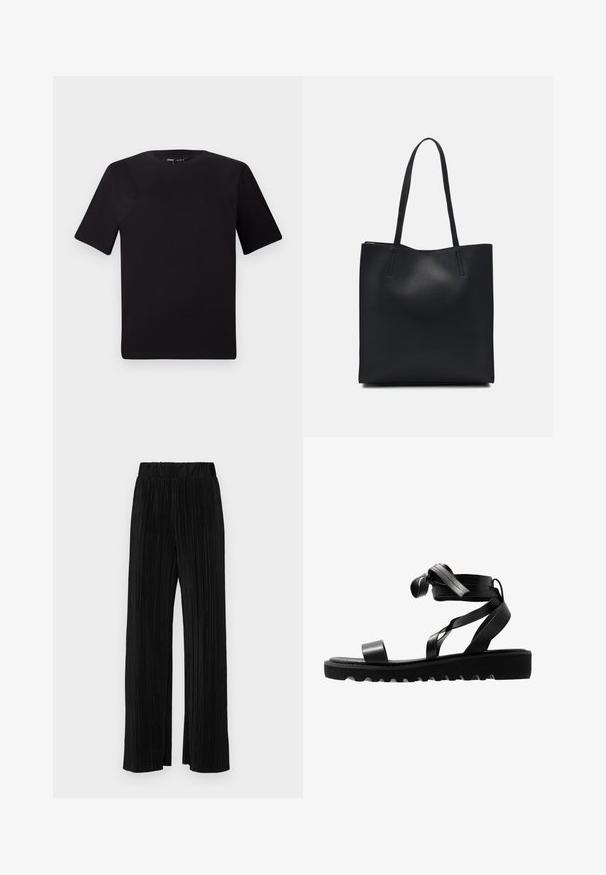 Zwarte T-shirt met korte mouwen en een ronde hals, gemaakt van zachte katoenstof. Eenvoudig ontwerp, geen zichtbare logo's of patronen.; Zwarte geplooide broek met een elastische tailleband. Beschikt over wijde pijpen en een glad, gestructureerd stof met verticale strepen.; Zwarte sandalen met een gestructureerde zool, voorzien van slanke banden en een geknoopt ontwerp. Gemaakt van glad materiaal, moderne vorm en open teen.; Zwarte leren handtas met een gladde textuur, rechthoekige vorm en twee lange handvaten. Geen zichtbare hardware of versieringen.