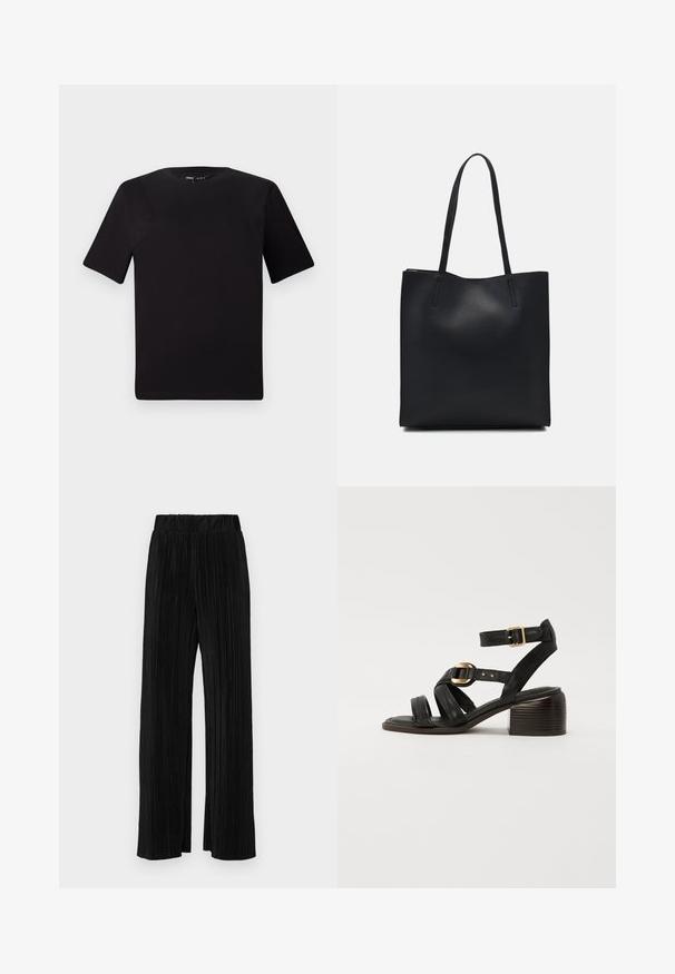 Černé tričko s krátkým rukávem a kulatým výstřihem, vyrobené z měkké bavlněné látky. Jednoduchý design, žádné viditelné logo nebo vzory.; Černé plisované kalhoty s elastickým pasem. Mají široké nohavice a hladkou, strukturovanou tkaninu s vertikálními pruhy.; Černé kožené sandály na podpatku s otevřenou špičkou, širokými pásky, zlatými přezkami a silným, texturovaným podpatkem.; Černá kožená taška přes rameno s hladkým povrchem, obdélníkovým tvarem a dvěma dlouhými uchy. Žádné viditelné kování ani ozdoby.
