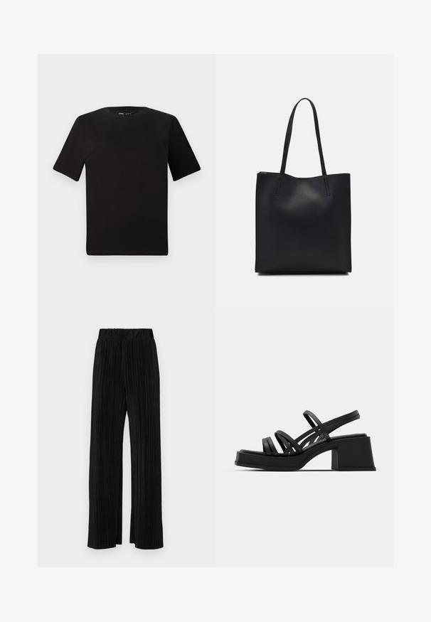 T-shirt preta de mangas curtas com decote redondo, feita de tecido de algodão suave. Design simples, sem logótipos ou padrões visíveis.; Calças pregueadas pretas com uma cintura elástica. Apresentam pernas largas e um tecido liso, texturizado com riscas verticais.; Sandálias de salto alto pretas com várias tiras finas e um salto largo. Design elegante com uma textura mate. A sola tem uma leve curvatura.; Bolsa tote preta em couro com textura lisa, forma retangular e duas alças longas. Sem hardware ou enfeites visíveis.