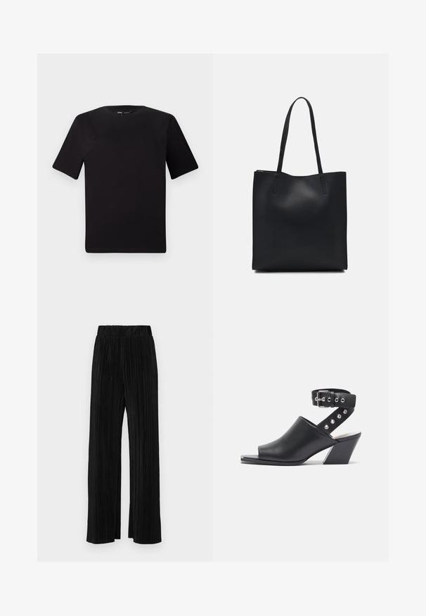 Sort kortærmet t-shirt med rund halsudskæring, lavet af blødt bomuldsstof. Enkel design, ingen synlige logoer eller mønstre.; Sorte plisserede bukser med elastisk talje. Har brede ben og et glat, tekstureret stof med lodrette striber.; Åben tå sort læder sandal med hæl og ankelrem, med spænde lukning og sølvnitte detaljer på remmen, samt blokhæl.; Sort læder tote taske med glat tekstur, rektangulær form og to lange hanke. Ingen synlig hardware eller udsmykninger.