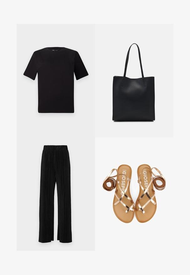 Black short-sleeve t-shirt with a round neckline, crafted from soft cotton fabric. Simple design, no visible logos or patterns.; Black pleated trousers with an elastic waistband. Features wide legs and a smooth, textured fabric with vertical stripes.; Strappy flat sandals with metallic rose-gold straps, tan footbed, and a minimalist design. Features rolled straps on each side.; Black leather tote bag with smooth texture, rectangular shape, and two long handles. No visible hardware or embellishments.