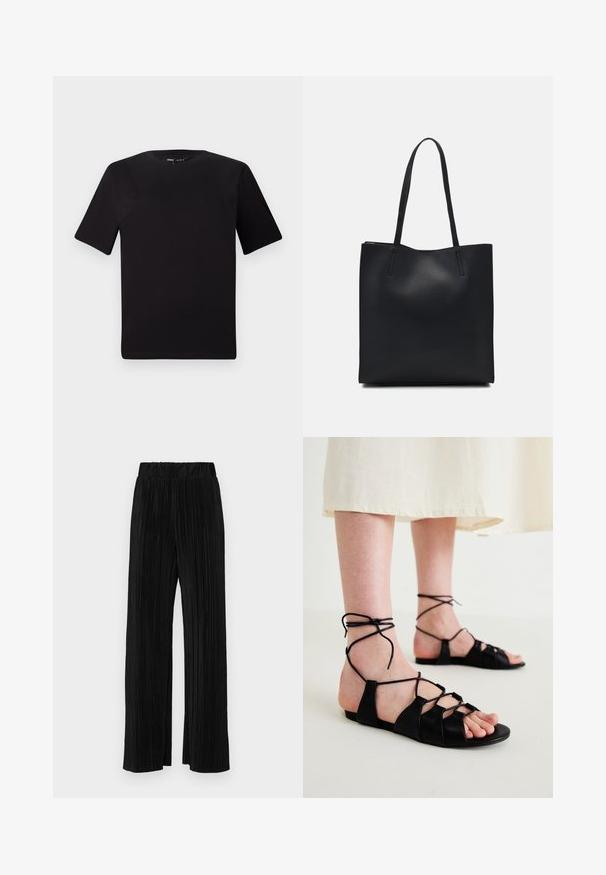 T-shirt preta de mangas curtas com decote redondo, feita de tecido de algodão suave. Design simples, sem logótipos ou padrões visíveis.; Calças pregueadas pretas com uma cintura elástica. Apresentam pernas largas e um tecido liso, texturizado com riscas verticais.; Sandálias planas de couro preto com design cruzado e atilhos no tornozelo, apresentando uma textura suave e estilo aberto na frente.; Bolsa tote preta em couro com textura lisa, forma retangular e duas alças longas. Sem hardware ou enfeites visíveis.
