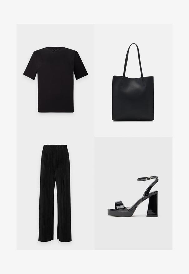 Musta lyhythihainen t-paita pyöreällä kaula-aukolla, valmistettu pehmeästä puuvillakankaasta. Yksinkertainen malli, ei näkyviä logoja tai kuvioita.; Mustat pleatatut housut, joissa on joustava vyötärö. Ominaisuuksiin kuuluvat leveät lahkeet ja sileä, teksturoitu kangas, jossa on pystysuoria raitoja.; Musta patentoitu nahkainen korkokenkä, jossa on paksu korkea korko ja nilkkaremmin solki valkoista taustaa vasten.; Mustapahkainen kangaskassi, jossa on sileä pinta, suorakaiteen muotoinen ja kaksi pitkää kahvaa. Ei näkyvää metalliosaa tai koristeita.