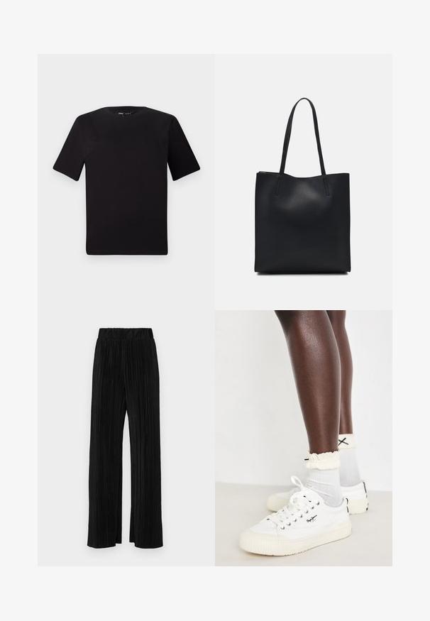 Must olema lühikeste varrukatega must t-särk ümmarguse kaelusega, valmistatud pehmest puuvillast kangast. Lihtne disain, ilma nähtavate logode või mustriteta.; Mustad pleekitud püksid elastse vöökohtaga. Omavad laiad jalad ja sujuvat, tekstureeritud kangast vertikaalsete triipudega.; Valged kanvas tossud tekstureeritud tallaga, koos heledate hallide pahkluu sokkidega ja volangidega kreemivärvi äärtega; must logo tossudel.; Mustast nahast kott sujuva tekstuuriga, ristkülikukujuline ja kahe pika sangaga. Pole nähtavat riistvara ega kaunistusi.